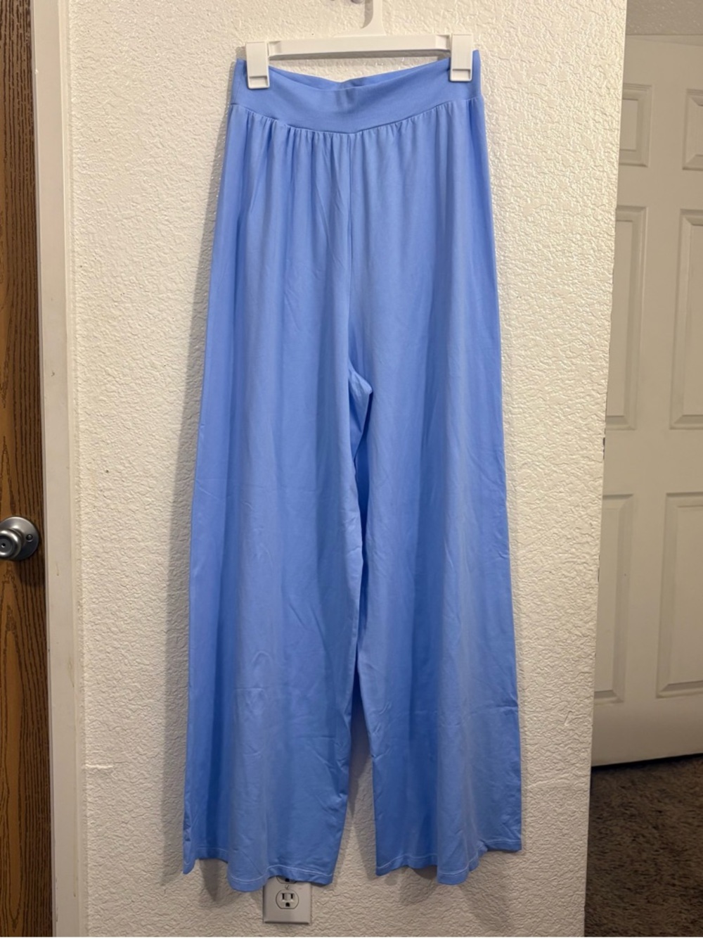 OQQ Wide Leg Stretch Pants Women Large Blue High Waist Flowy Lounge Travel Pants